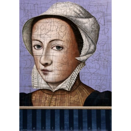 Peinture flamande sur bois, portrait de femme avec graffitis par l'artiste peintre Daniel AIRAM