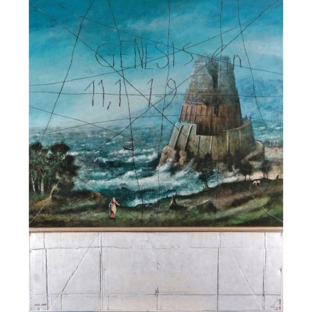 Peinture flamande sur bois d la tour de babel avec graffitis par l'artiste peintre Daniel AIRAM