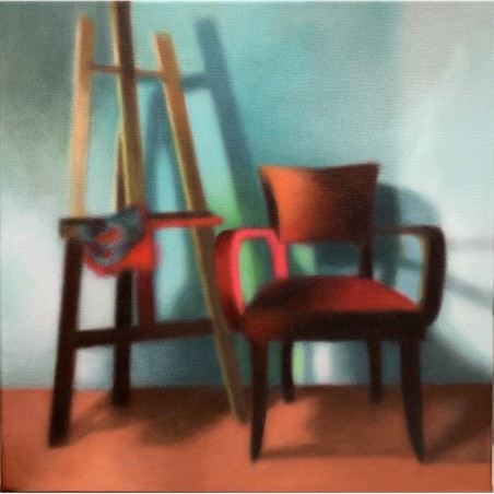 Laëtitia Giraud : chaise et chevalet vides, lumière et couleurs chaudes suspendent le temps