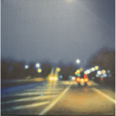 Tableau de l’artiste Laëtitia Giraud, où les lumières des voitures illuminent l’autoroute nocturne