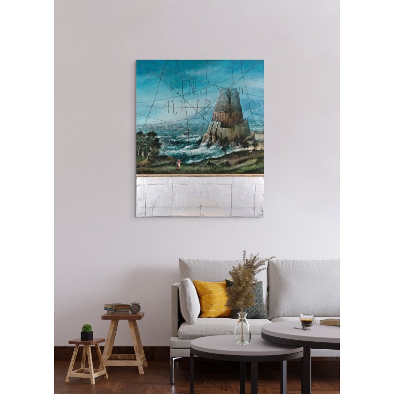 Peinture flamande sur bois d la tour de babel avec graffitis par l'artiste Daniel AIRAM