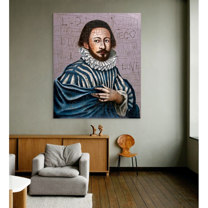 Peinture d'homme flamand sur bois avec graffitis par l'artiste peintre Daniel AIRAM