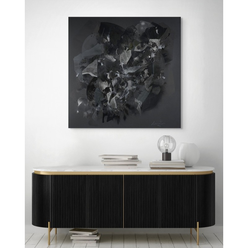 Peinture abstraite en acrylique sur toile monochrome noire, réalisée par l'artiste peintre Damien Demaiter.
