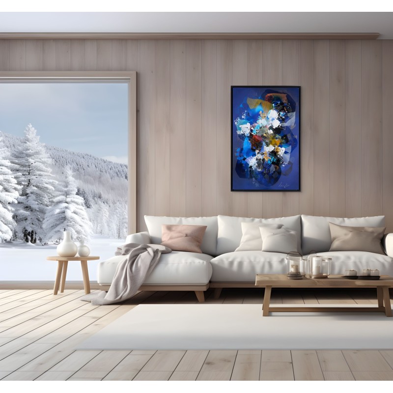 Peinture abstraite en acrylique sur toile, d'art organique bleu, blanc, réalisée par l'artiste peintre Damien Demaiter.