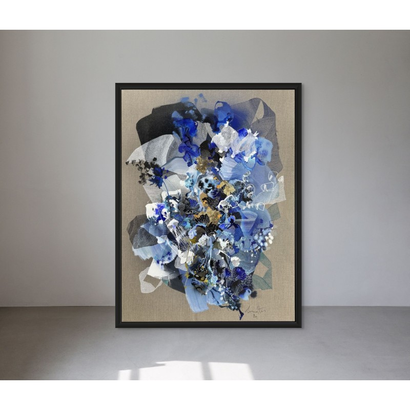 Tableau abstrait en bleu, blanc, noir, or, d'art organique par l'artiste damien demaiter