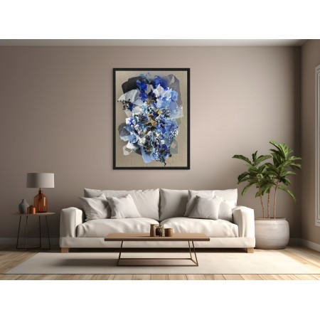 Tableau abstrait en bleu, blanc, noir, or, d'art organique par l'artiste damien demaiter
