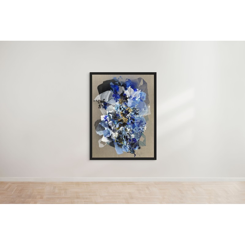 Tableau abstrait en bleu, blanc, noir, or, d'art organique par l'artiste damien demaiter