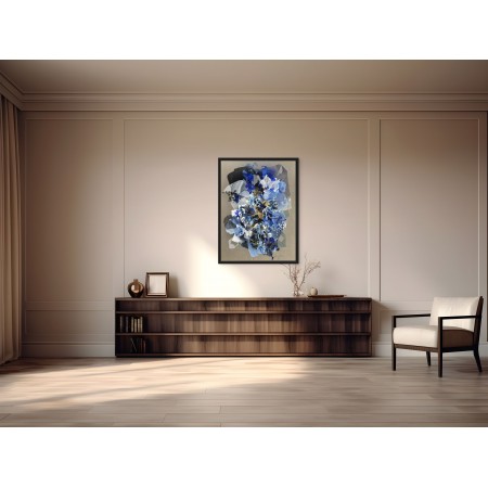Tableau abstrait en bleu, blanc, noir, or, d'art organique par l'artiste damien demaiter