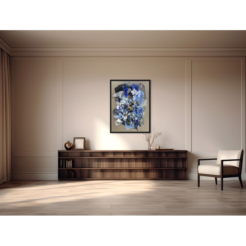 Tableau abstrait en bleu, blanc, noir, or, d'art organique par l'artiste damien demaiter