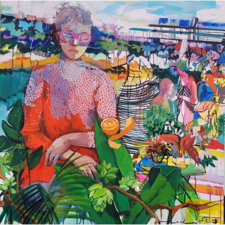 style expressif et coloré, mêlant figures féminines, éléments naturels et textures dynamiques