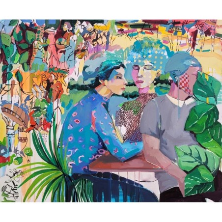 style expressif et coloré, mêlant figures féminines, éléments naturels et textures dynamiques