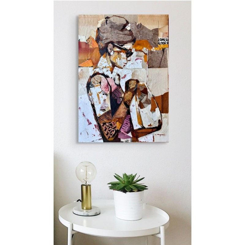 breakfast at tiffany's Peinture en collages et huile sur toile d'Audre Hepburn par l'artiste collagiste Carme Magem