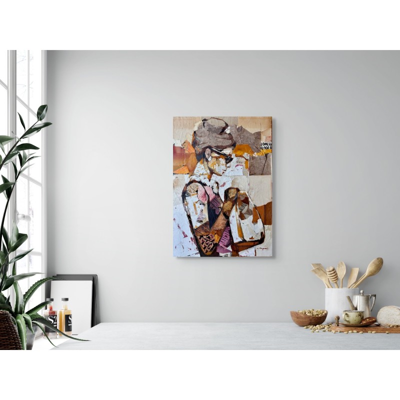 breakfast at tiffany's Peinture en collages et huile sur toile d'Audre Hepburn par l'artiste peintre Carme Magem sur mur blanc