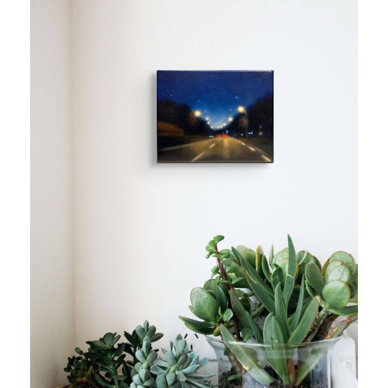 Œuvre de l'artiste peintre Laëtitia Giraud, des les lumières, les reflets et les contrastes de la nuit urbaine.