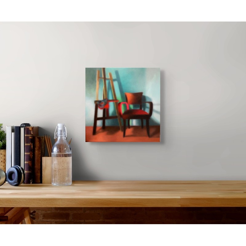 Artiste peintre Laëtitia Giraud : chaise et chevalet vides, lumière et couleurs chaudes suspendent le temps