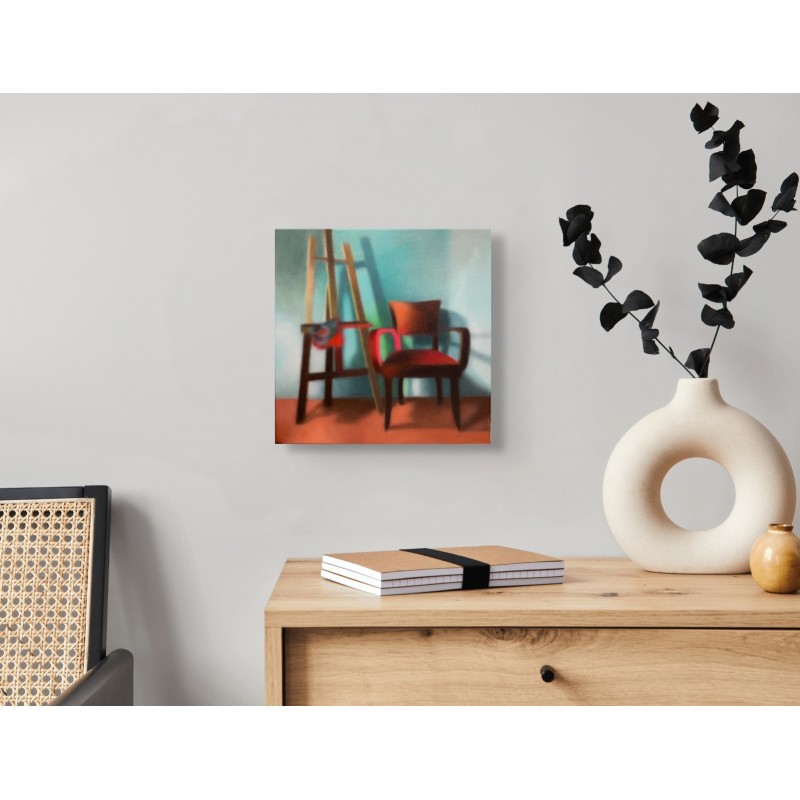 Artiste peintre Laëtitia Giraud : chaise et chevalet vides, lumière et couleurs chaudes suspendent le temps