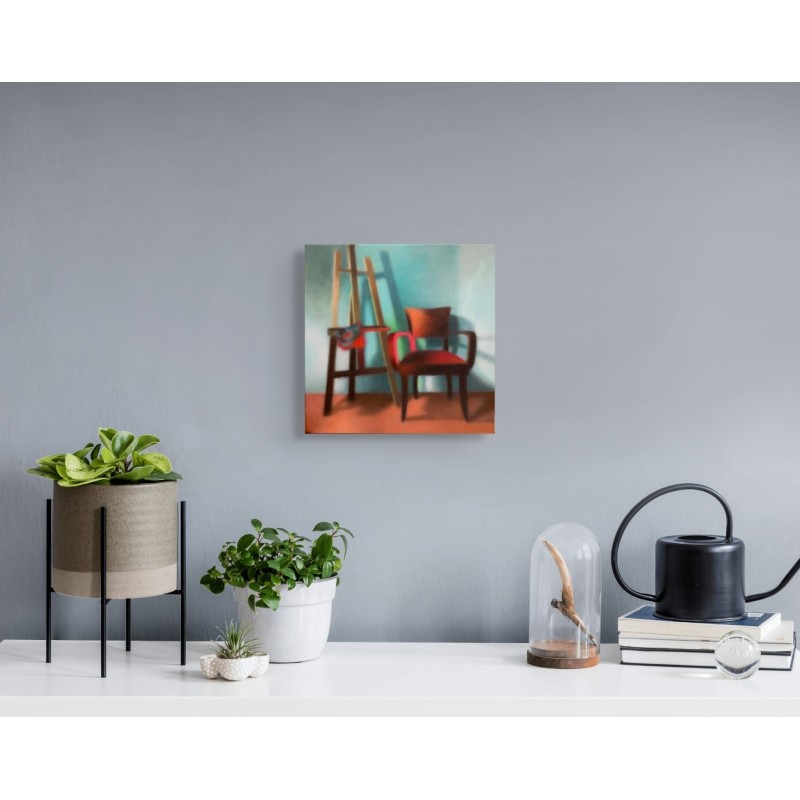 Artiste peintre Laëtitia Giraud : chaise et chevalet vides, lumière et couleurs chaudes suspendent le temps