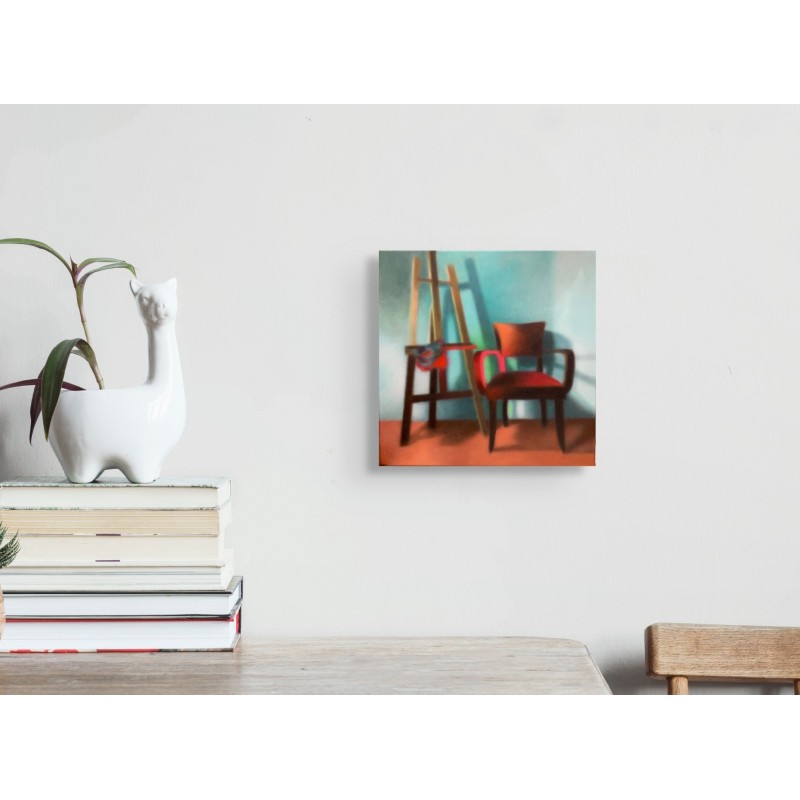 Artiste peintre Laëtitia Giraud : chaise et chevalet vides, lumière et couleurs chaudes suspendent le temps