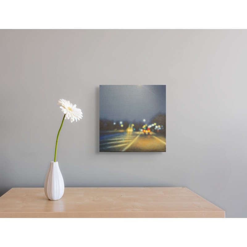 Œuvre de l’artiste peintre Laëtitia Giraud, des lumières des phares des voitures sur l’autoroute nocturne.