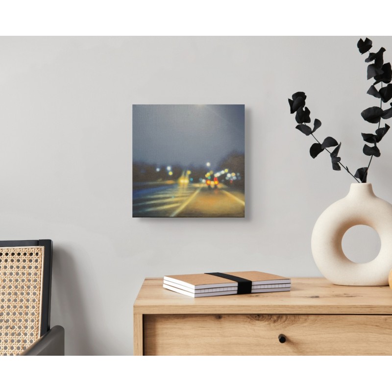 Œuvre de l’artiste peintre Laëtitia Giraud, des lumières des phares des voitures sur l’autoroute nocturne.