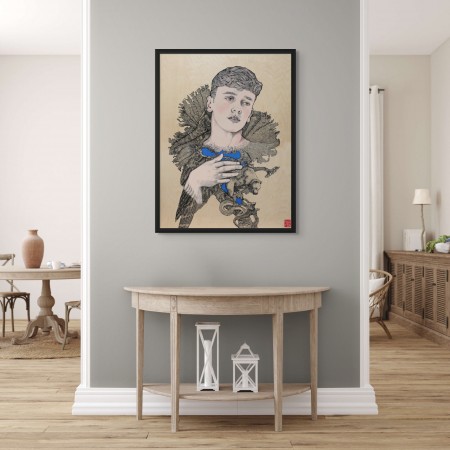 Œuvre de l'artiste Elia Pagliarino du mythe d’Actéon et la fusion homme-animal sur bois de bouleau.