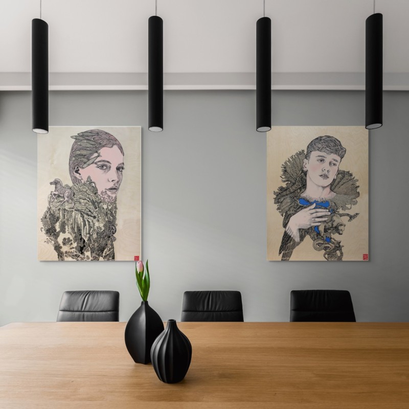 Œuvre de l'artiste Elia Pagliarino du mythe d’Actéon et la fusion homme-animal sur bois de bouleau.