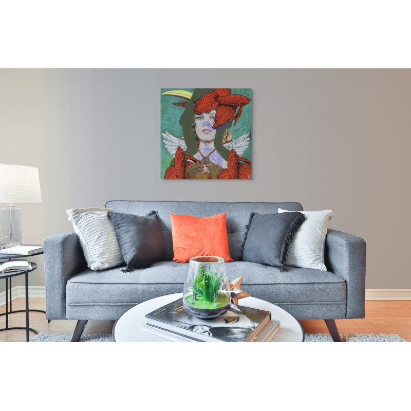 Peinture d’Elia Pagliarino, femme, eau, ails blanche, poissons rouges, Vanessa Paradis.