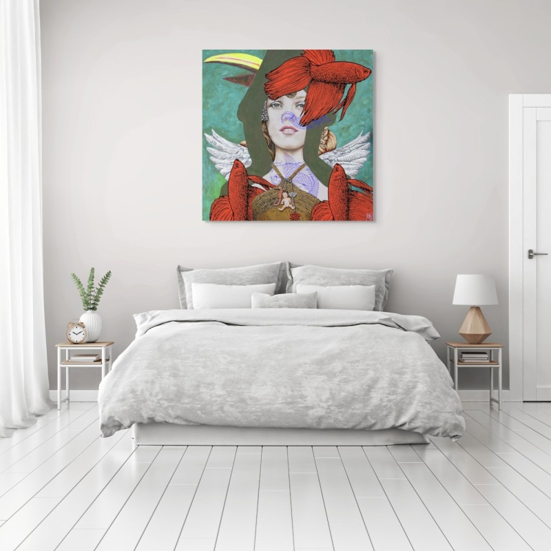 Tableau de l’artiste Elia Pagliarino représentant un portrait de femme entouré de poissons rouges sur fond vert.