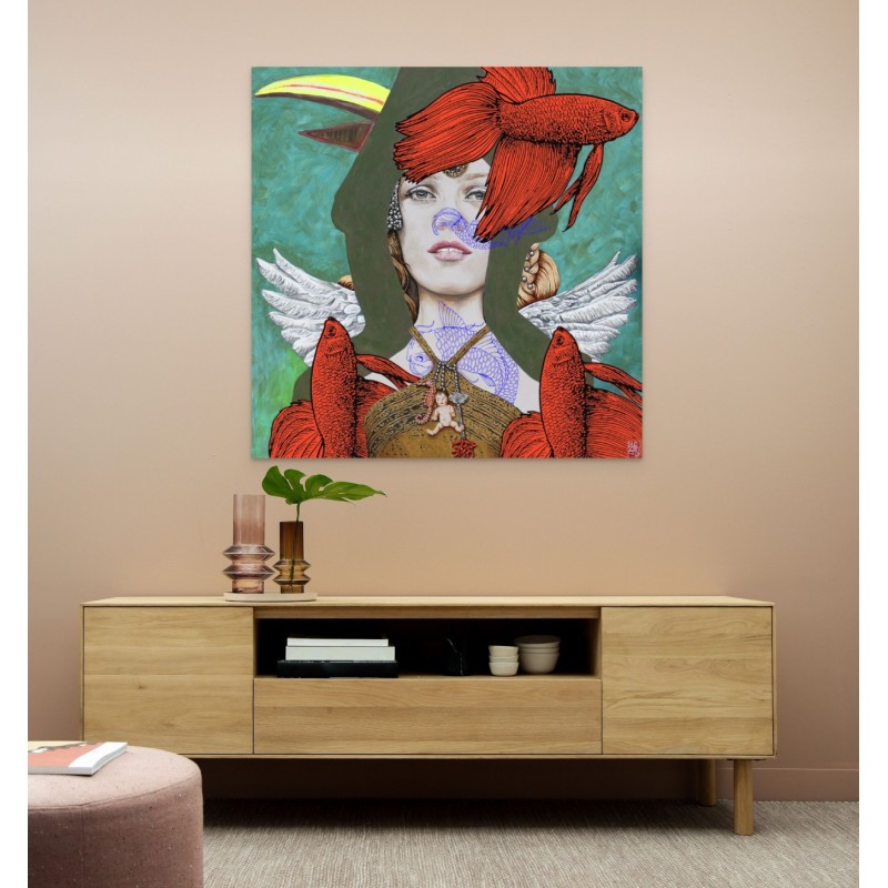 Tableau de l’artiste Elia Pagliarino représentant un portrait de anessa paradis avec des ails blanches entouré de poissons.