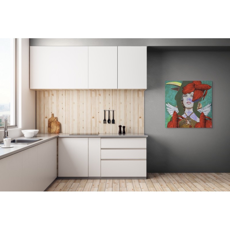 Tableau de l’artiste Elia Pagliarino représentant un portrait de anessa paradis avec des ails blanches entouré de poissons.