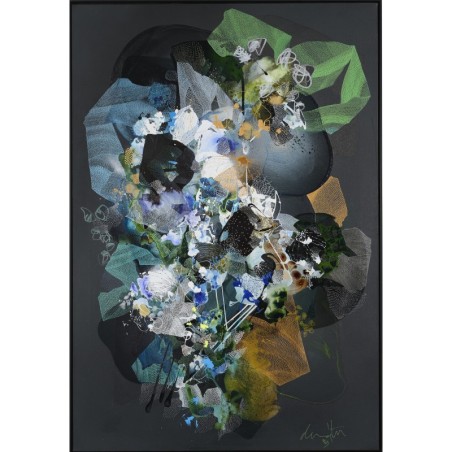Tableau abstrait en vert, blanc, noir, orange, d'art organique par l'artiste damien demaiter