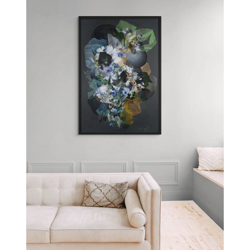 Tableau abstrait en bleu, blanc, noir, or, d'art organique par l'artiste damien demaiter