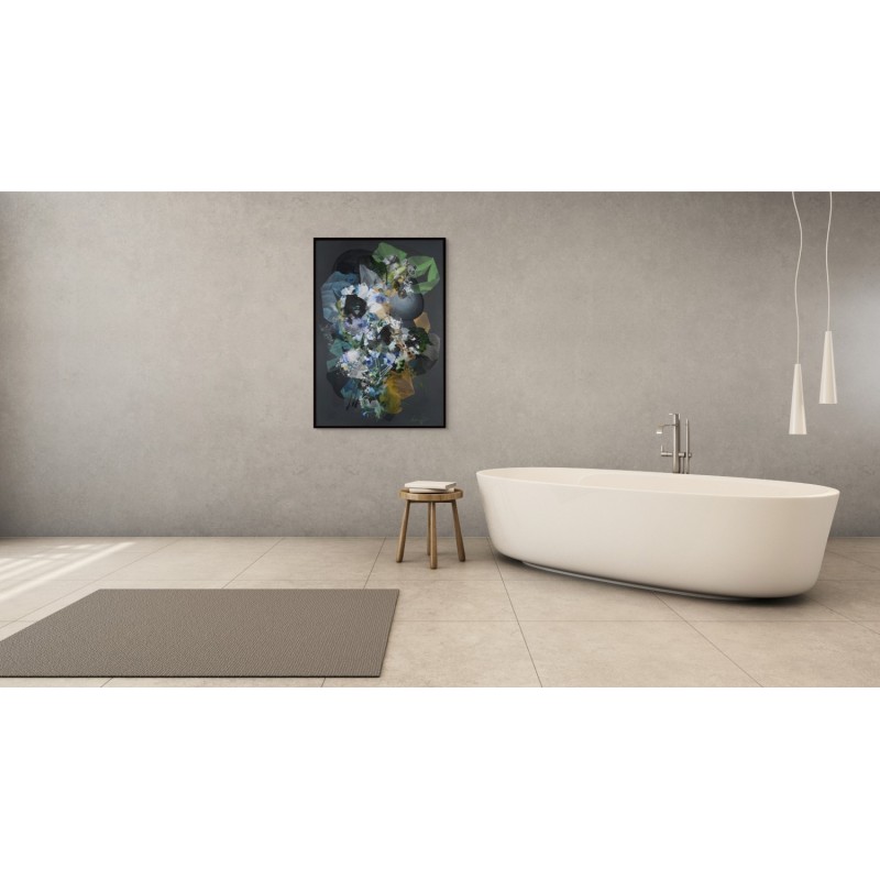 Tableau abstrait en bleu, blanc, noir, or, d'art organique par l'artiste damien demaiter