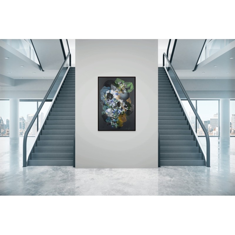 Tableau abstrait en bleu, blanc, noir, or, d'art organique par l'artiste damien demaiter