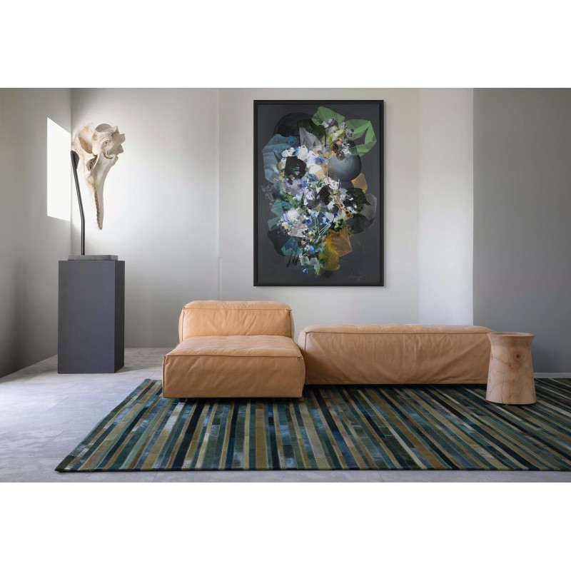 Tableau abstrait en bleu, blanc, noir, or, d'art organique par l'artiste damien demaiter