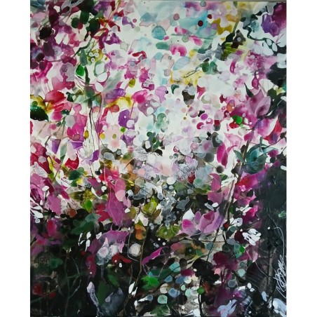Peinture abstraite florale de Carole Bressan, aux teintes lumineuses de rose, vert et blanc,