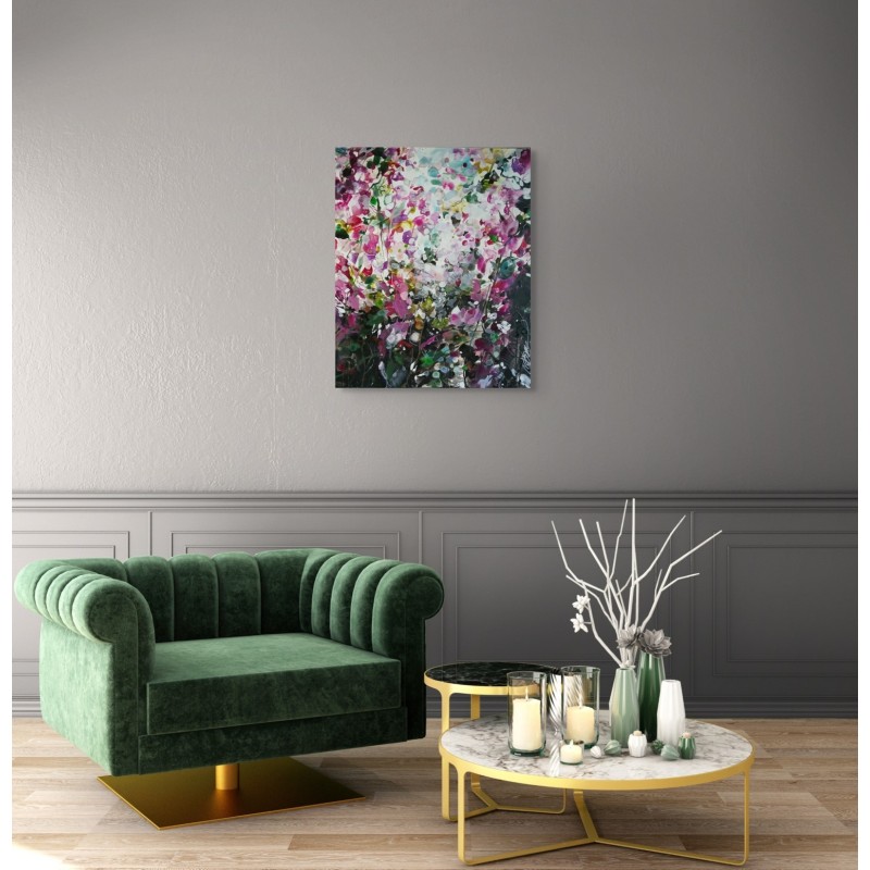 Peinture abstraite florale de Carole Bressan, aux teintes lumineuses de rose, vert et blanc,