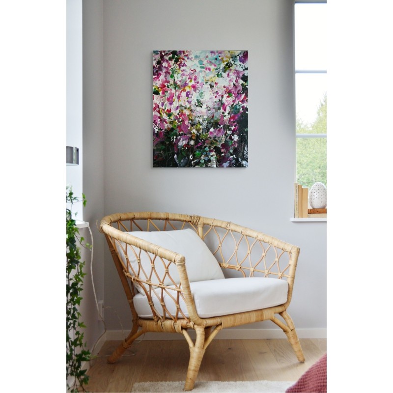 Peinture abstraite florale de Carole Bressan, aux teintes lumineuses de rose, vert et blanc,