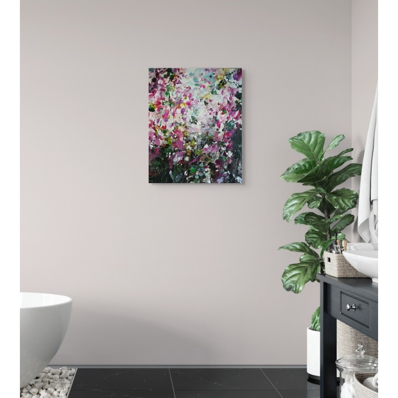 Peinture abstraite florale de Carole Bressan, aux teintes lumineuses de rose, vert et blanc,