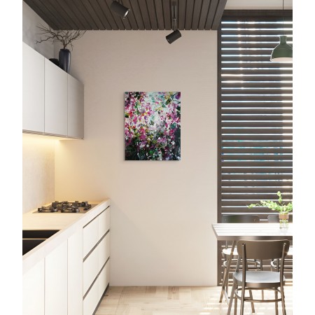 Peinture abstraite florale de Carole Bressan, aux teintes lumineuses de rose, vert et blanc,