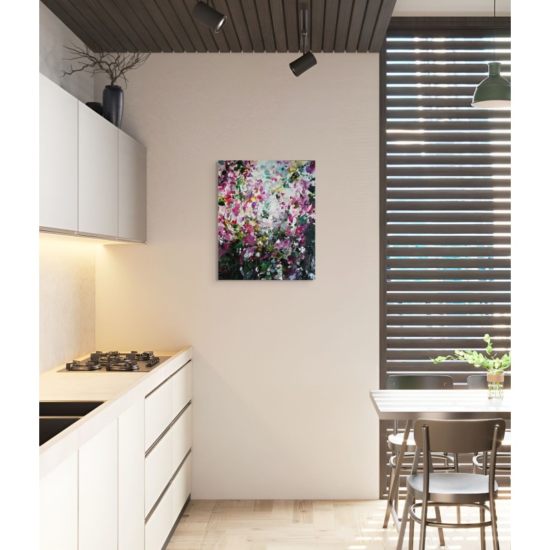 Peinture abstraite florale de Carole Bressan, aux teintes lumineuses de rose, vert et blanc,