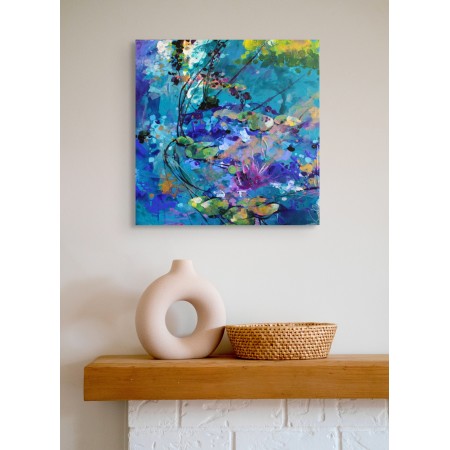 Peinture abstraite florale de Carole Bressan, aux teintes lumineuses de rose, vert et blanc