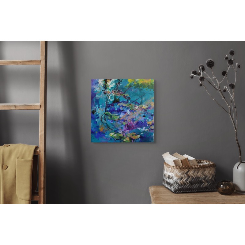 Peinture abstraite florale de Carole Bressan, aux teintes lumineuses de rose, vert et blanc