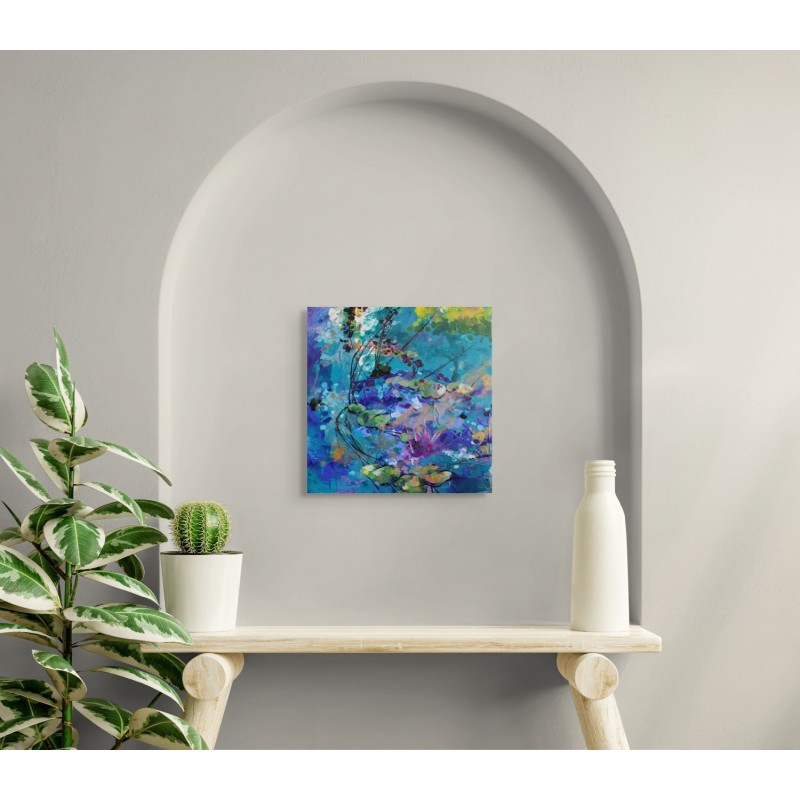 Peinture abstraite florale de Carole Bressan, aux teintes lumineuses de rose, vert et blanc