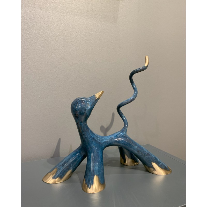Sculpture de chat Bleu brossé par l'artiste Lolek.