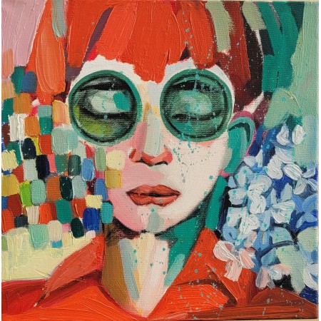 Peinture acrylique de portrait féminin avec fleurs par l'artiste peintre Golnaz Afraz