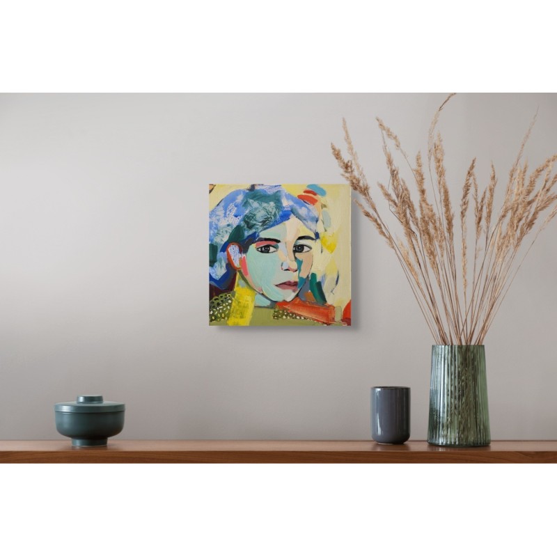 Œuvre acrylique représentant une femme entourée de fleurs, par l’artiste Golnaz Afraz.