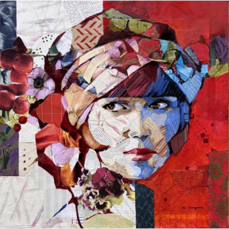 portrait de Louise utilise en mix media avec collages sur toile dominé par le rouge par l'artiste carme magem