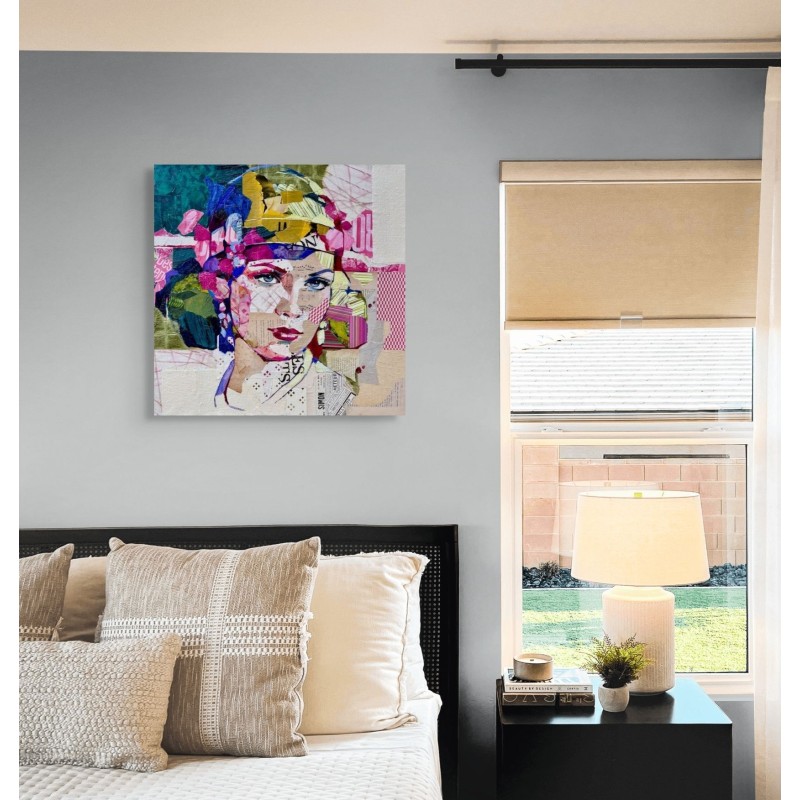 Portrait de Clara en collage réalisé par l'artsite Carme Magem sur un mur