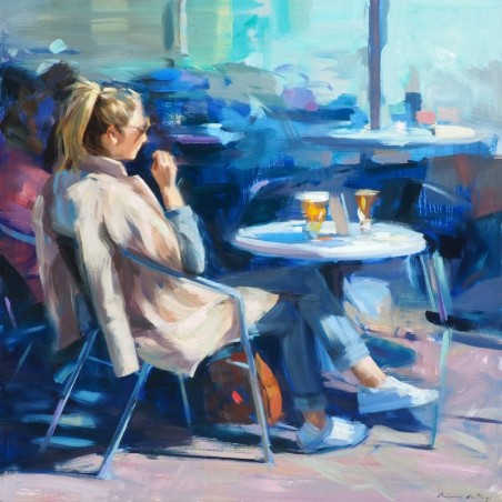 Painting of woman sitting on terrace in winter wearing jacket and holding beer by Monica Castanys, interior